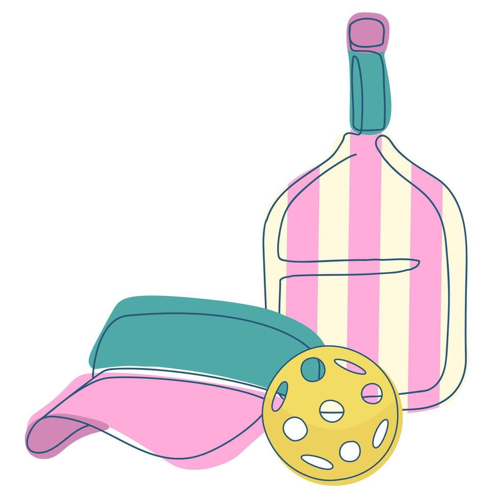 White and pink striped pickleball racket, yellow ball, sports cap on white background. Perfect for sports prints, branding, social media or product design vector
