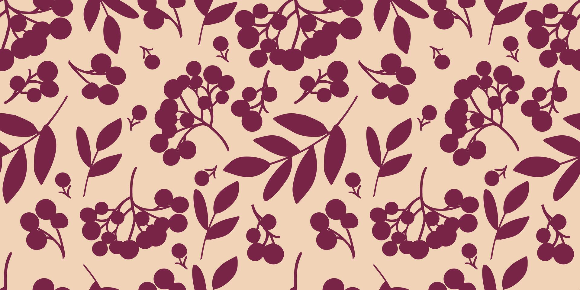 Bright seamless pattern of branches and rowan berries in burgundy on light background. For prints of fabrics, textiles, packaging. vector