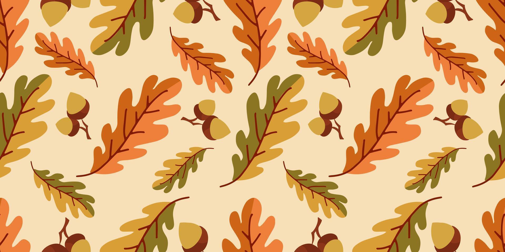 Seamless pattern of oak leaves and acorns on light background. For prints of fabrics, textiles, packaging. vector