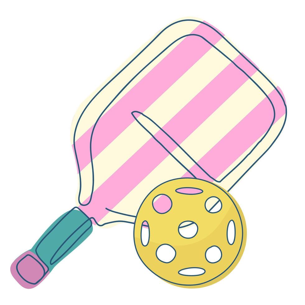 Bright white and pink striped pickleball racket with yellow ball on white background. Perfect for sport themed prints, branding, social media, or merchandise design vector