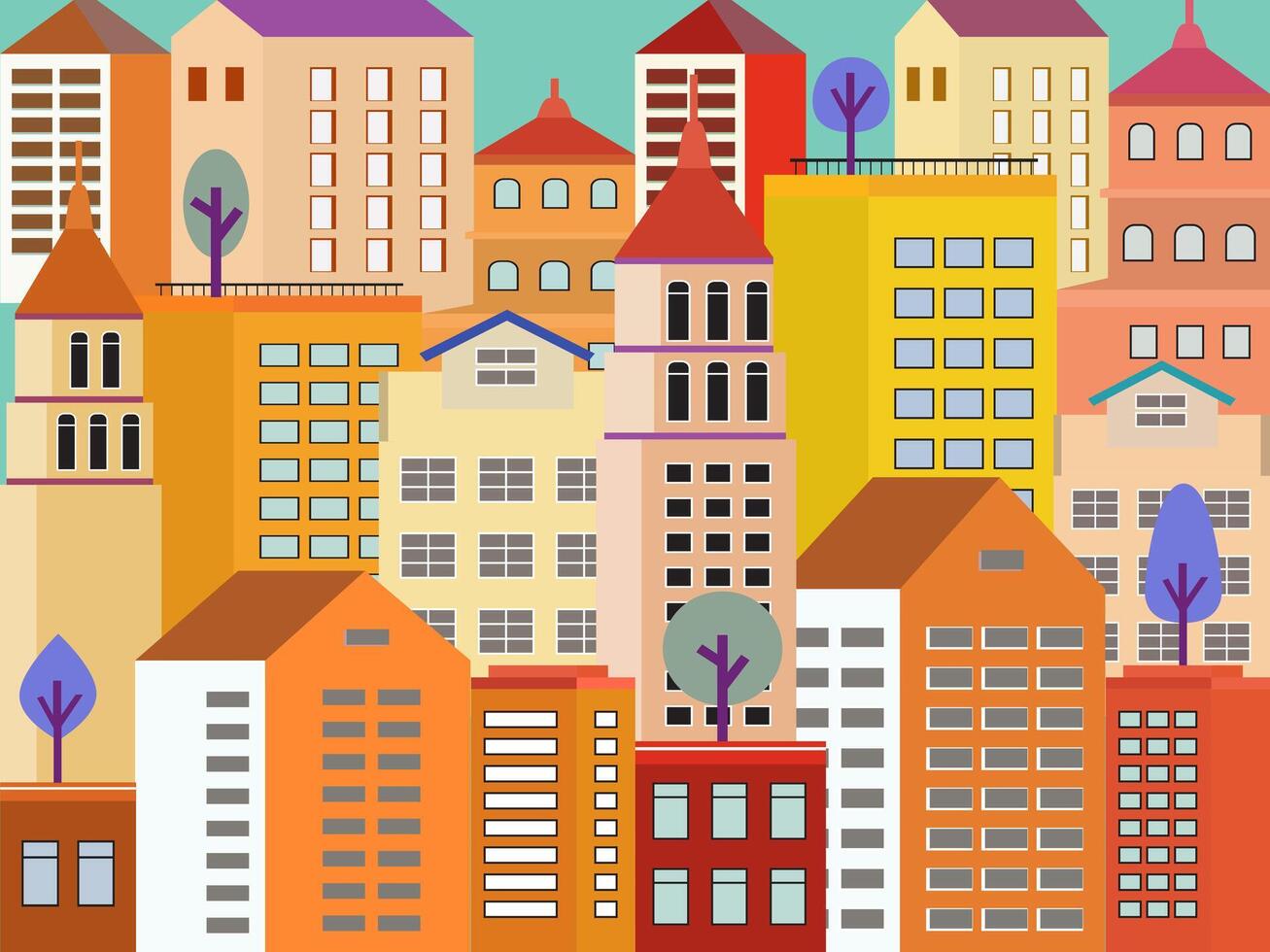 Colorful city buildings and trees illustration vector