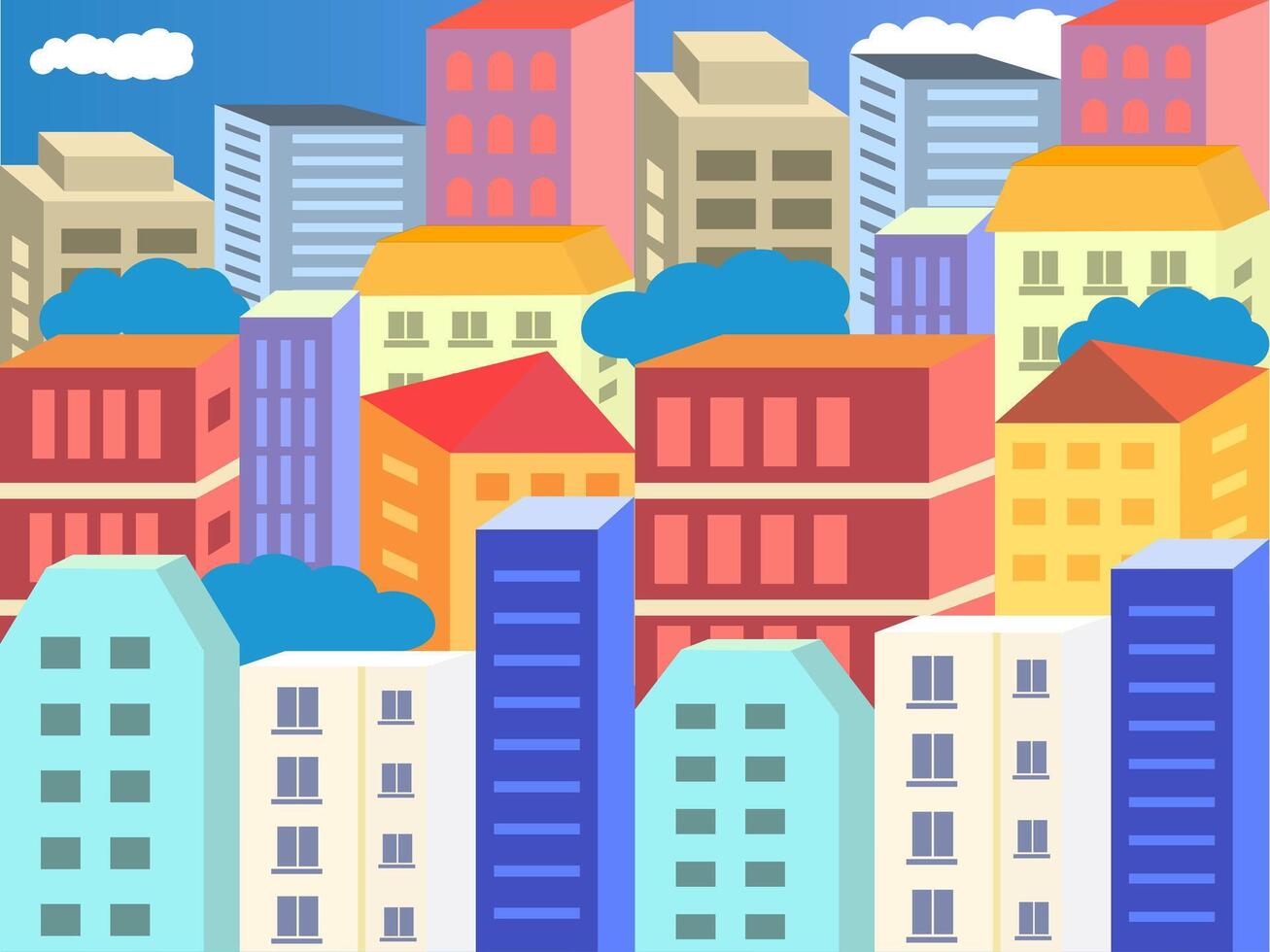 Colorful city buildings and clouds vector