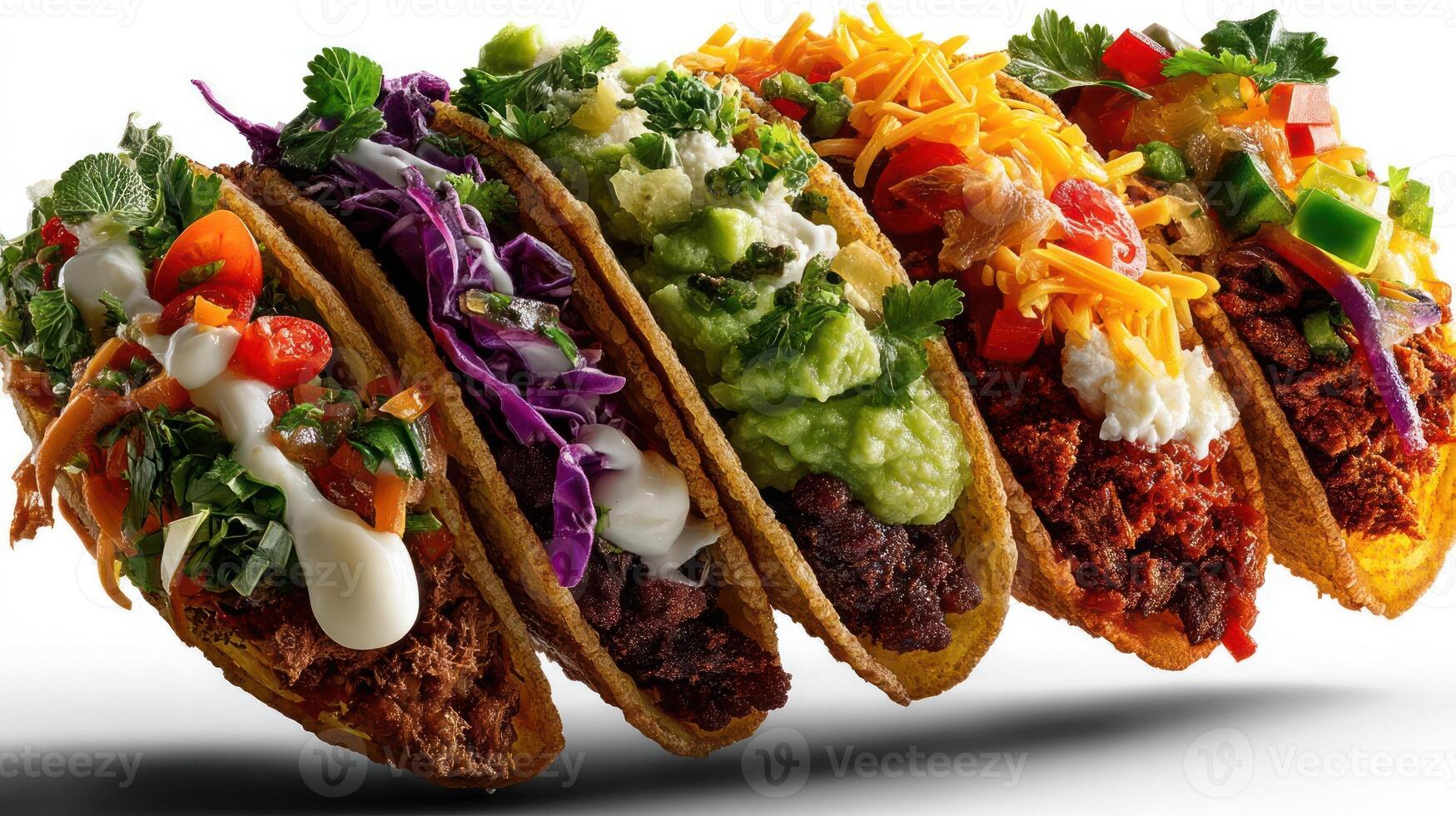 Colorful tacos with various toppings, a vibrant and delicious display. photo