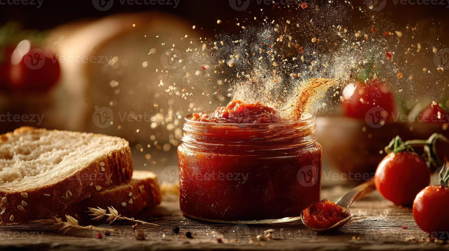 Tomato sauce in a jar with a splash effect. photo