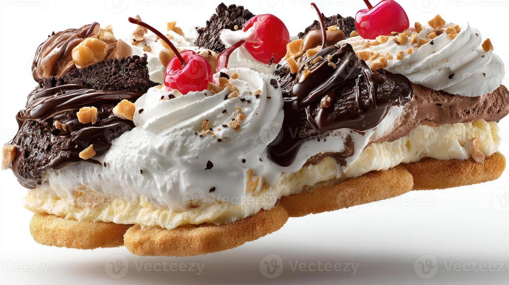 Layered ice cream pie with whipped cream and cherries. photo