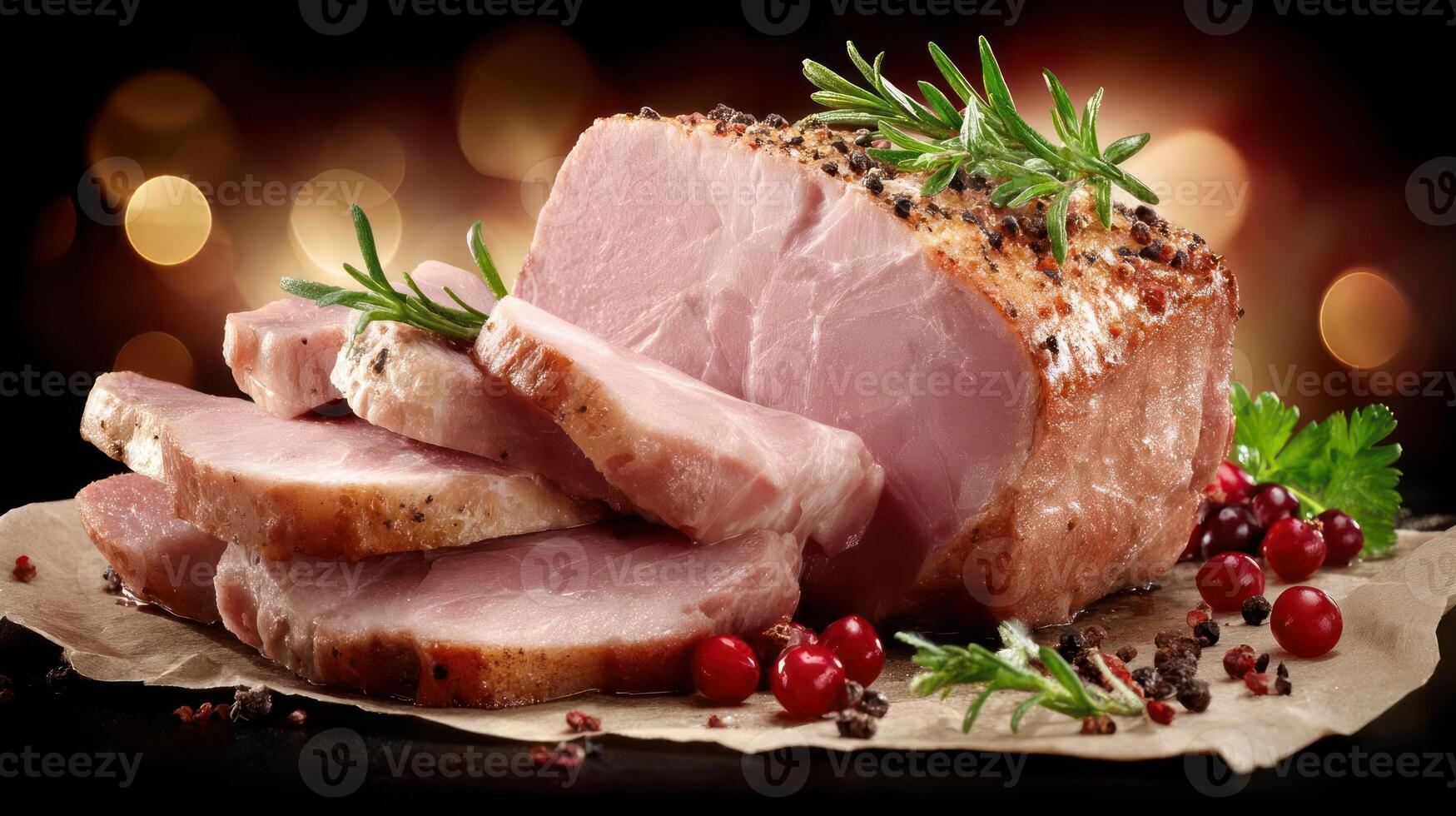 Roasted pork loin with rosemary and peppercorns. photo