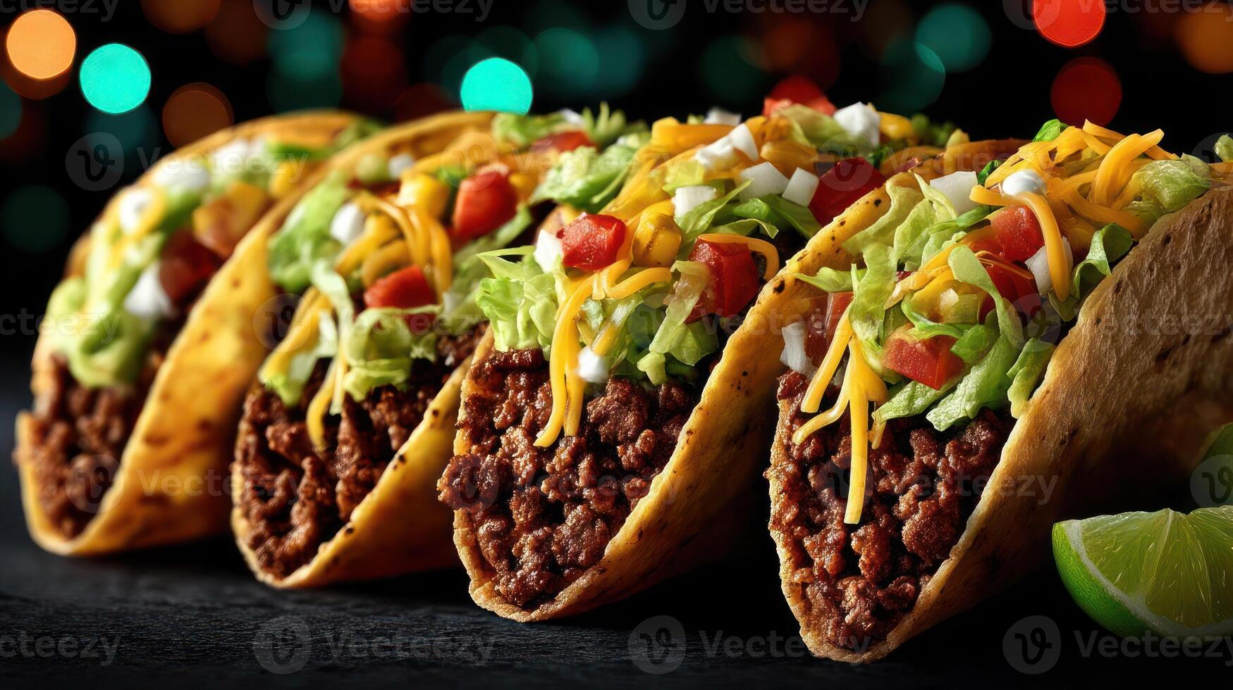 Delicious tacos with ground beef, cheese, and lettuce. photo