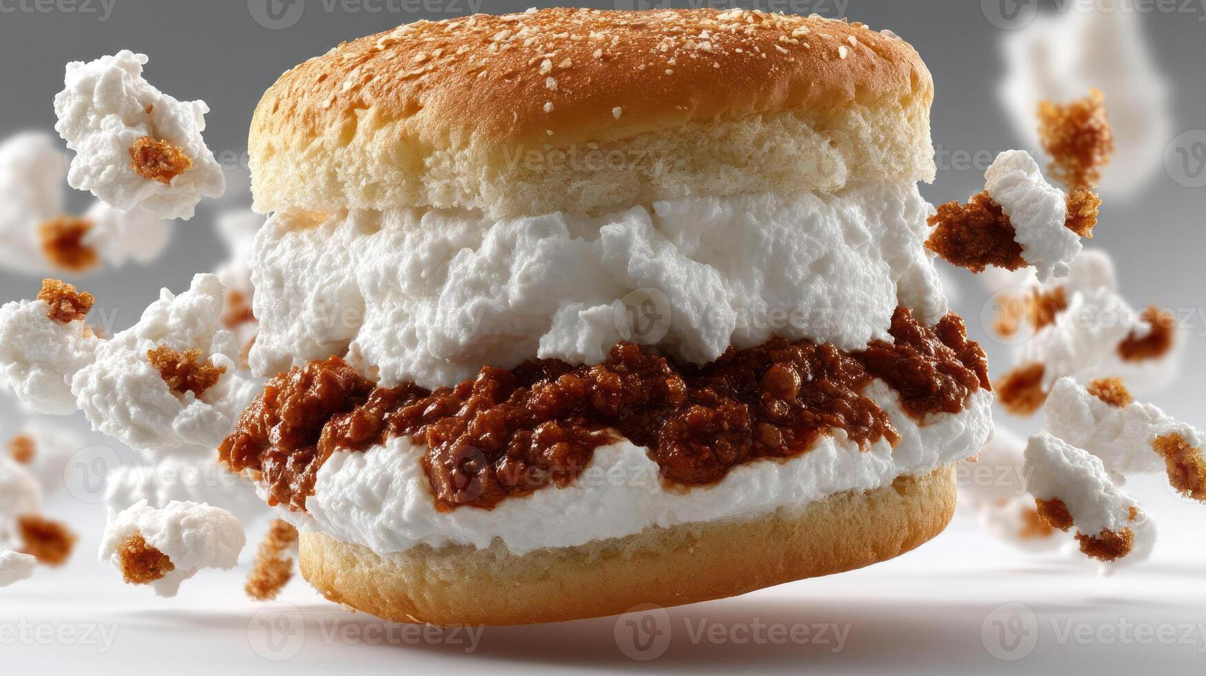 Burger with popcorn, close-up, food photography, delicious photo