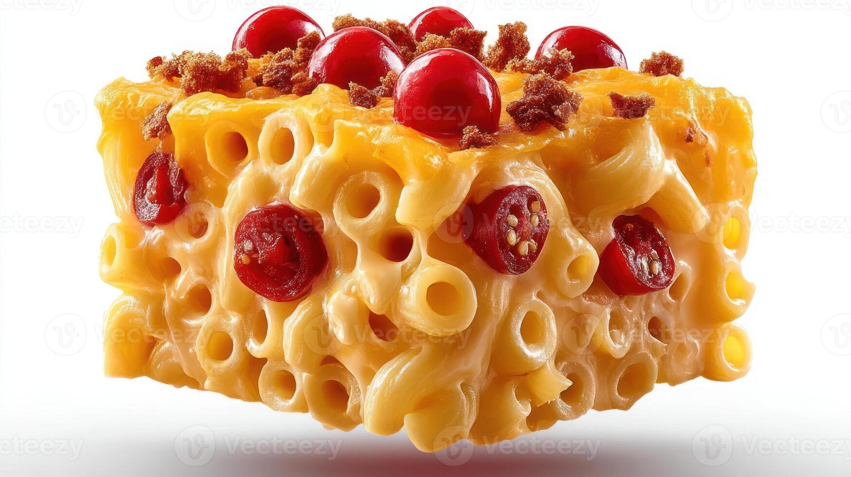 Close-up of mac and cheese pizza with pepperoni and breadcrumbs. photo