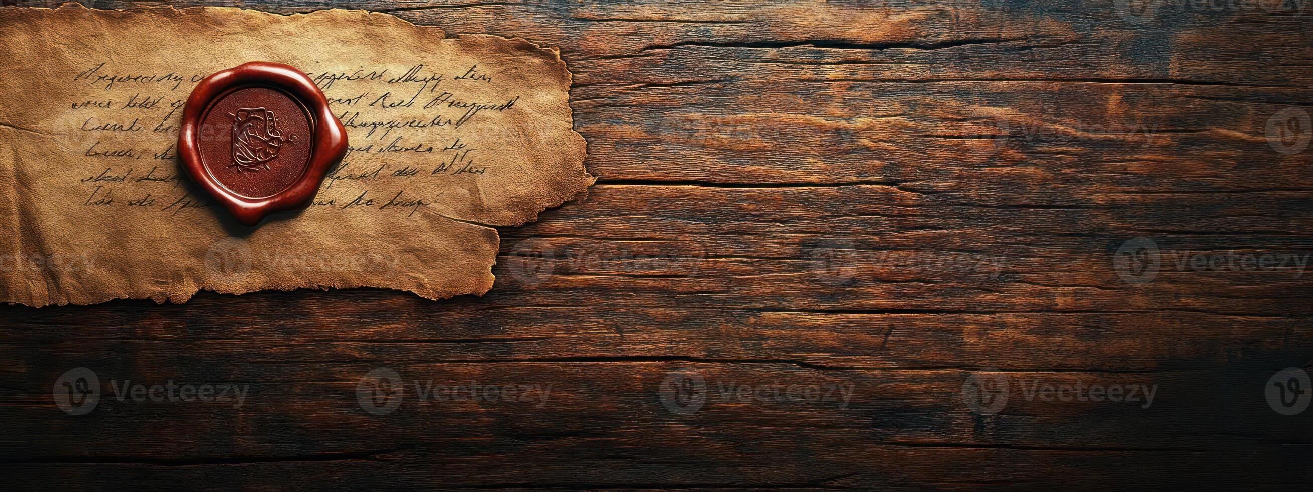 Vintage scroll with red wax seal on wooden background. photo