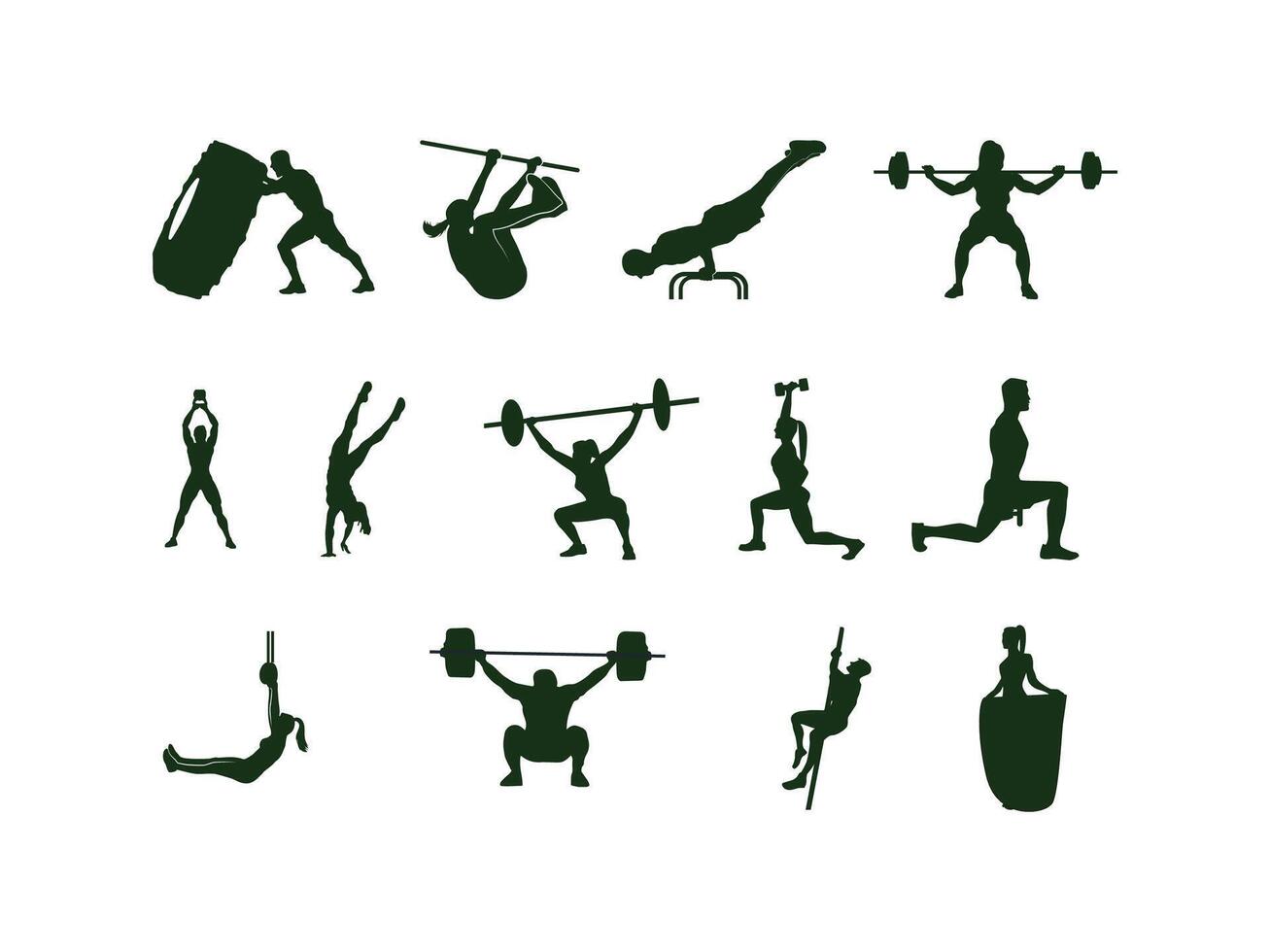 Dynamic crossfit silhouettes set showcasing active fitness exercises, workout poses, gym training, sports actions and athlete movements for health illustrations vector