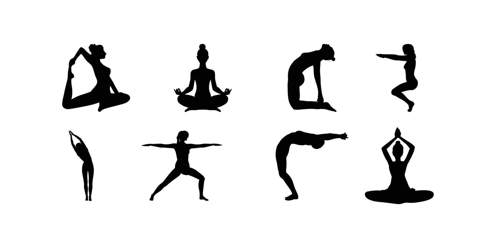 Set of black yoga pose icons, Yoga woman silhouette illustration. Yoga poses silhouette collection vector
