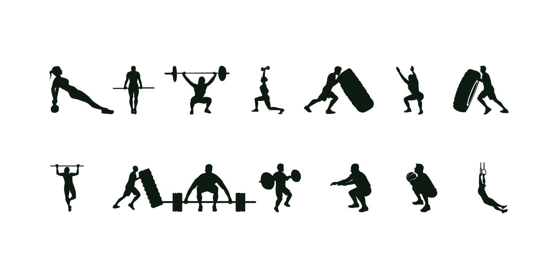 Fitness Exercises Silhouettes Set Illustrations vector