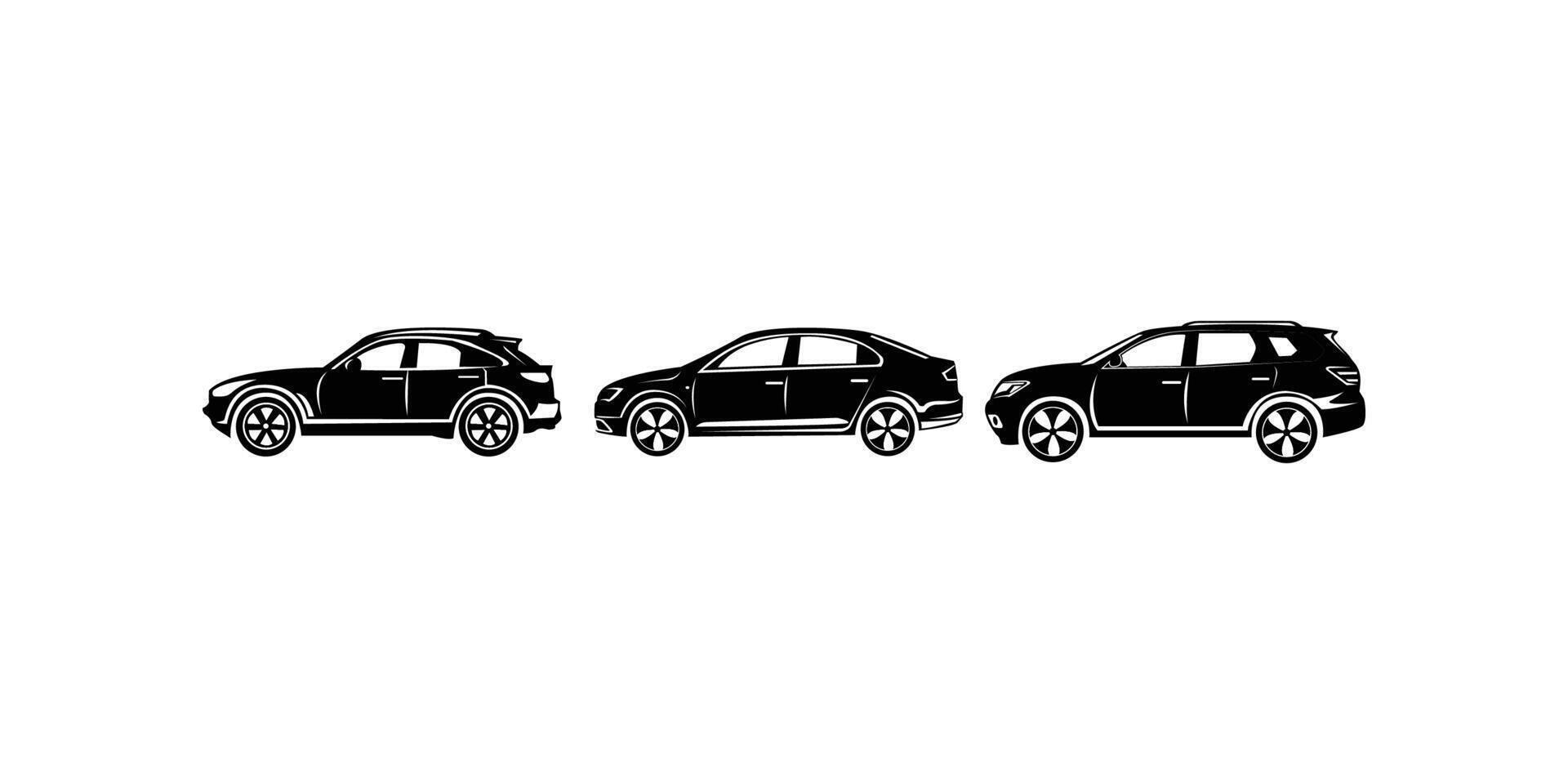 Set of private car silhouette icons showcasing different car shapes and models in black solid style for automotive transportation design themes vector