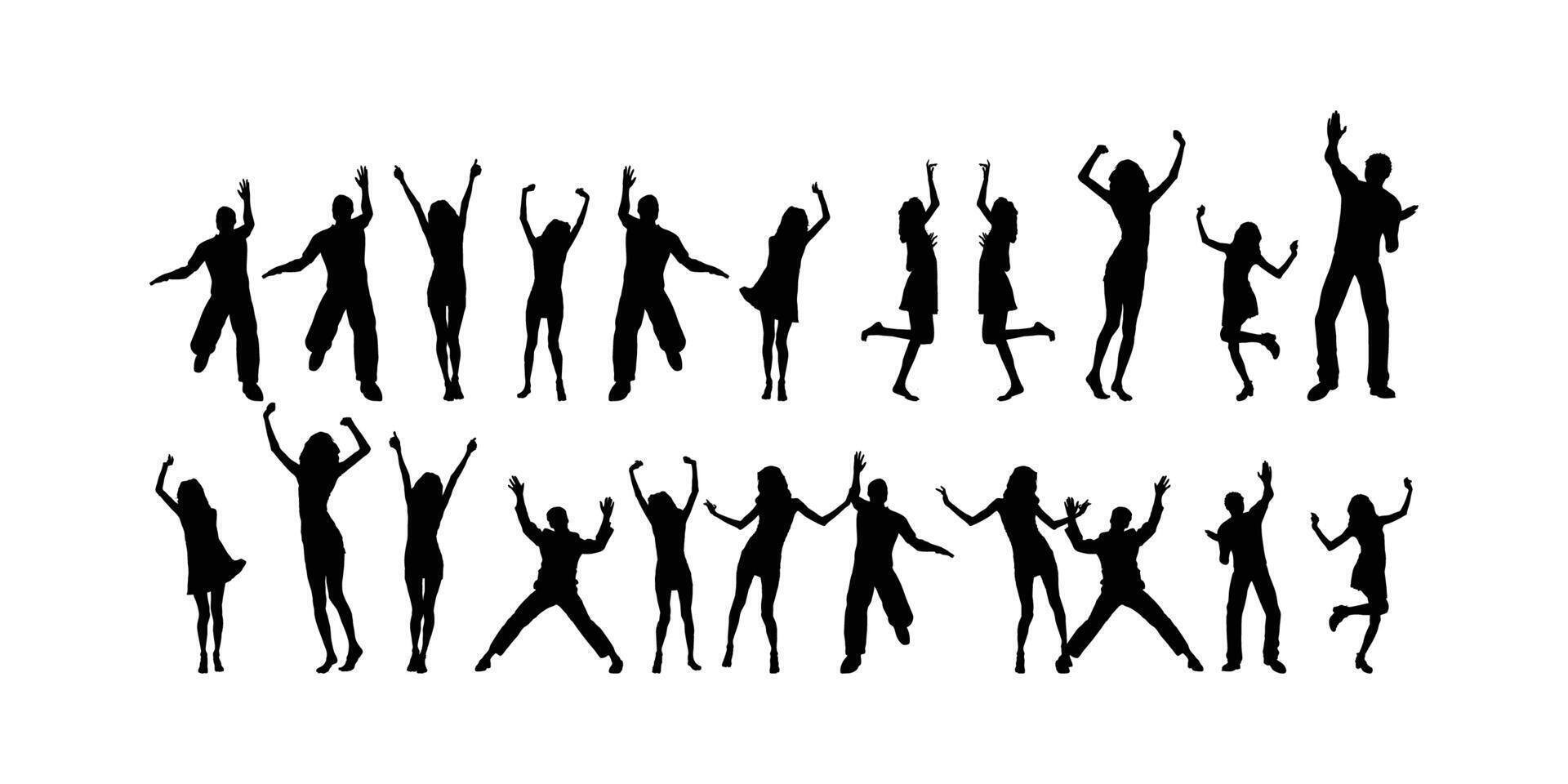 Silhouettes of a young man and woman jumping together representing joy, freedom, success and active lifestyle on a clean background vector