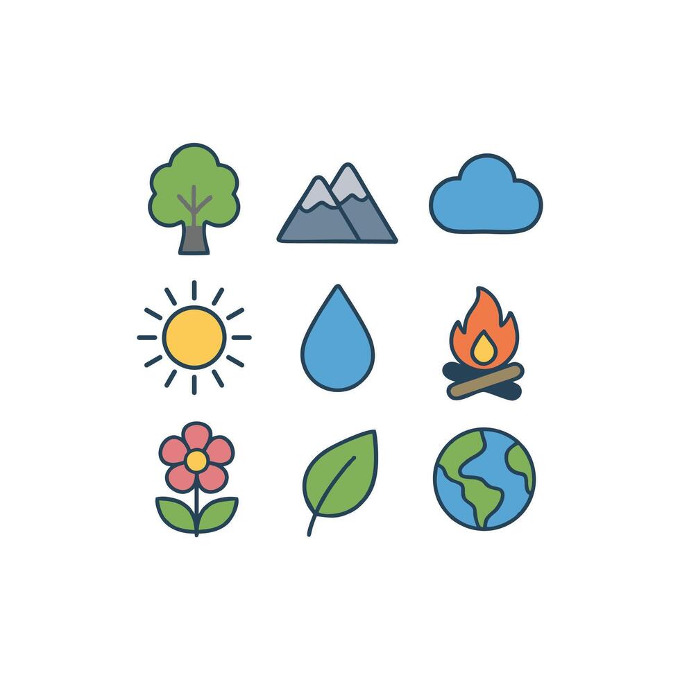 Nature icons including trees and sun vector