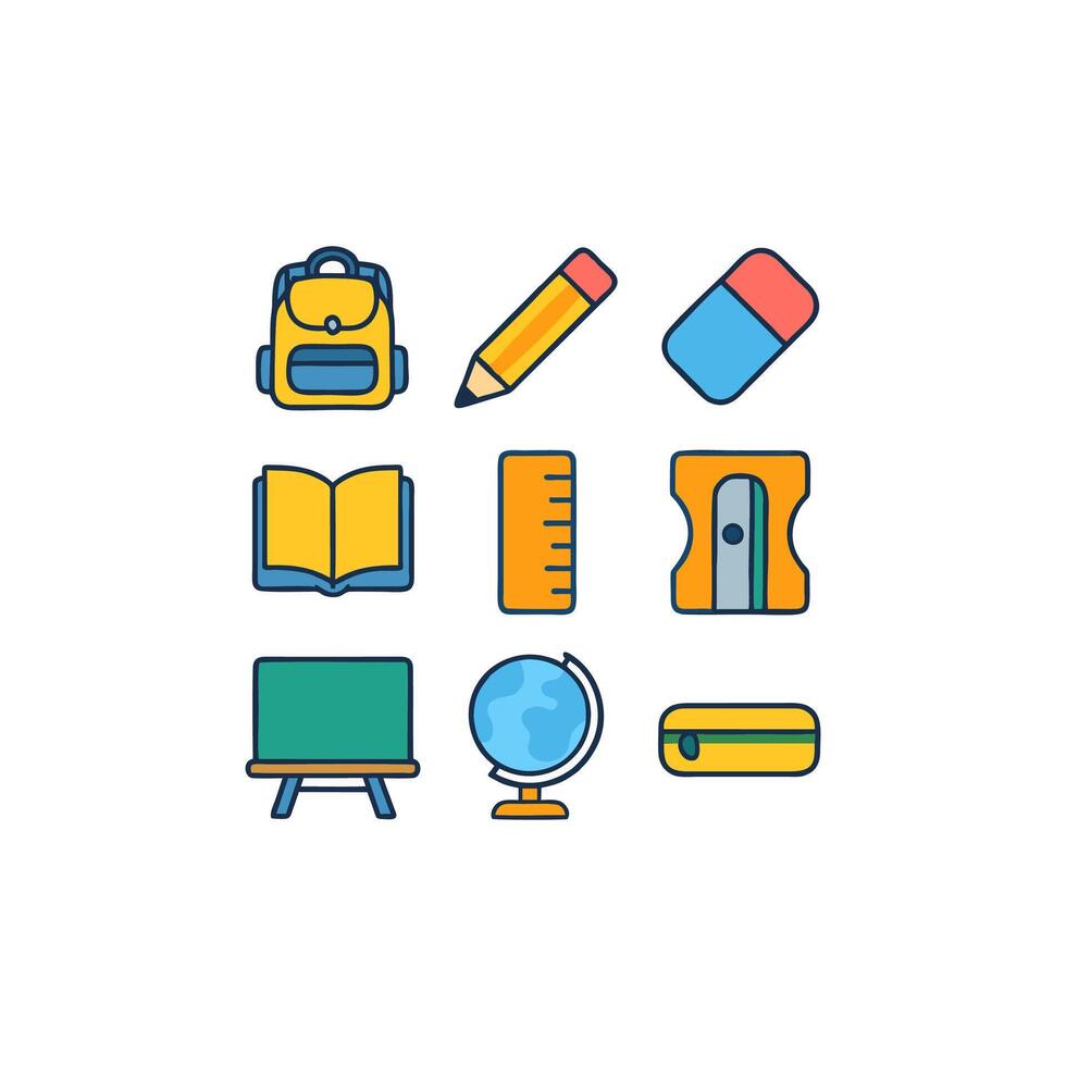 Collection of nine school essential supply icons for back to school tools suitable for educational designs and related projects. vector