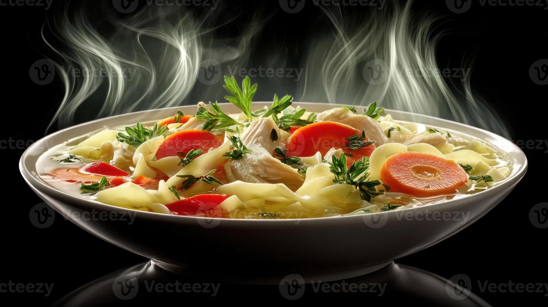 Warm chicken noodle soup in a bowl, garnished with herbs. photo