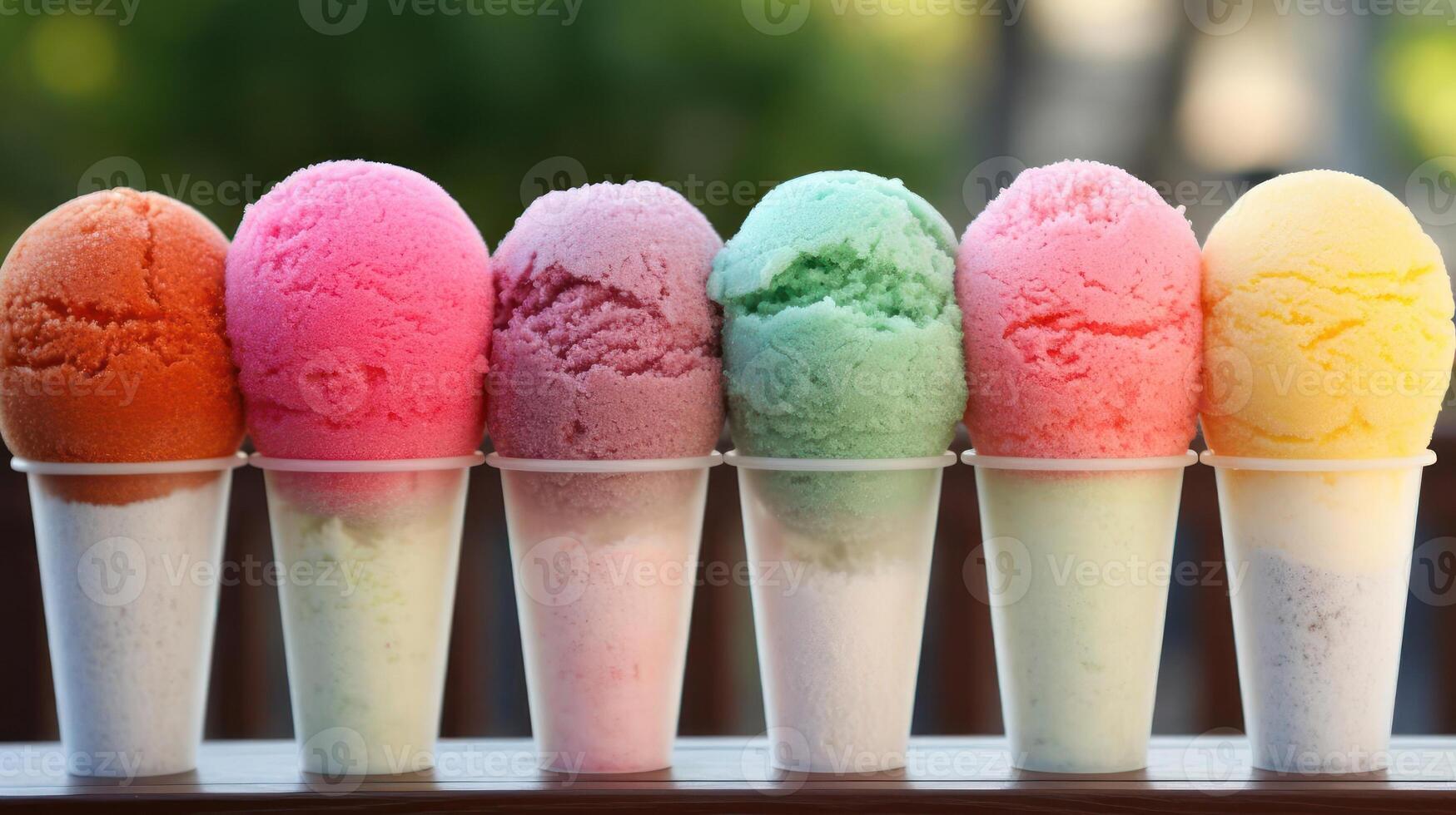 Colorful snow cones in a row, perfect for a hot day. photo