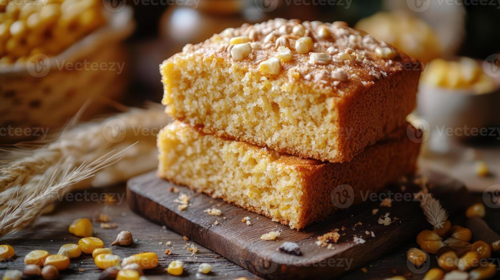 Stacked cornbread with corn kernels on a wooden board. photo