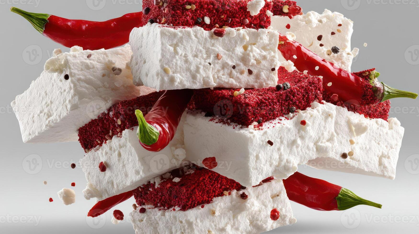 Stacked feta cheese with chili flakes and red pepper. photo