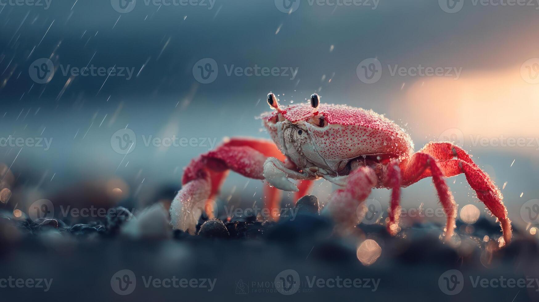 Red crab in rain, detailed close-up, vibrant colors. photo