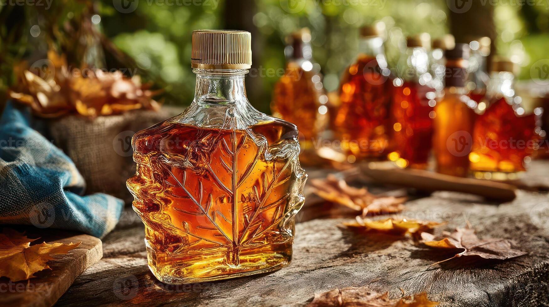 Maple whiskey bottle with autumn leaves and rustic background. photo