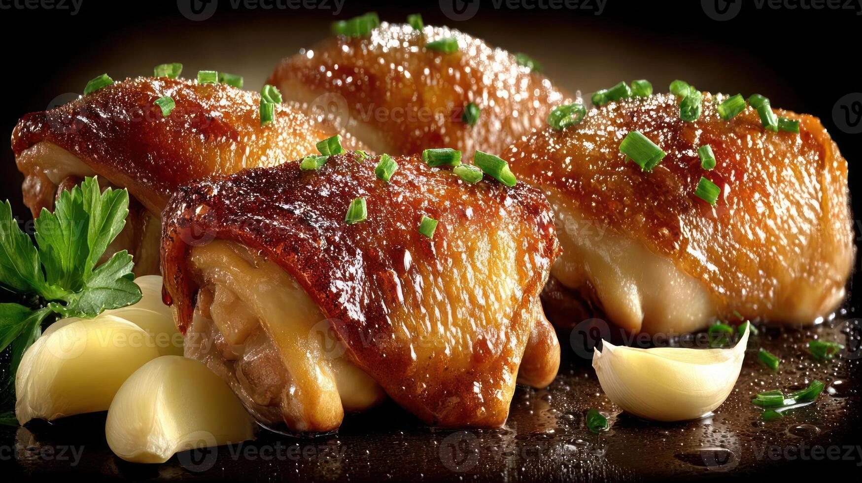 Delicious roasted chicken with garlic and herbs. photo