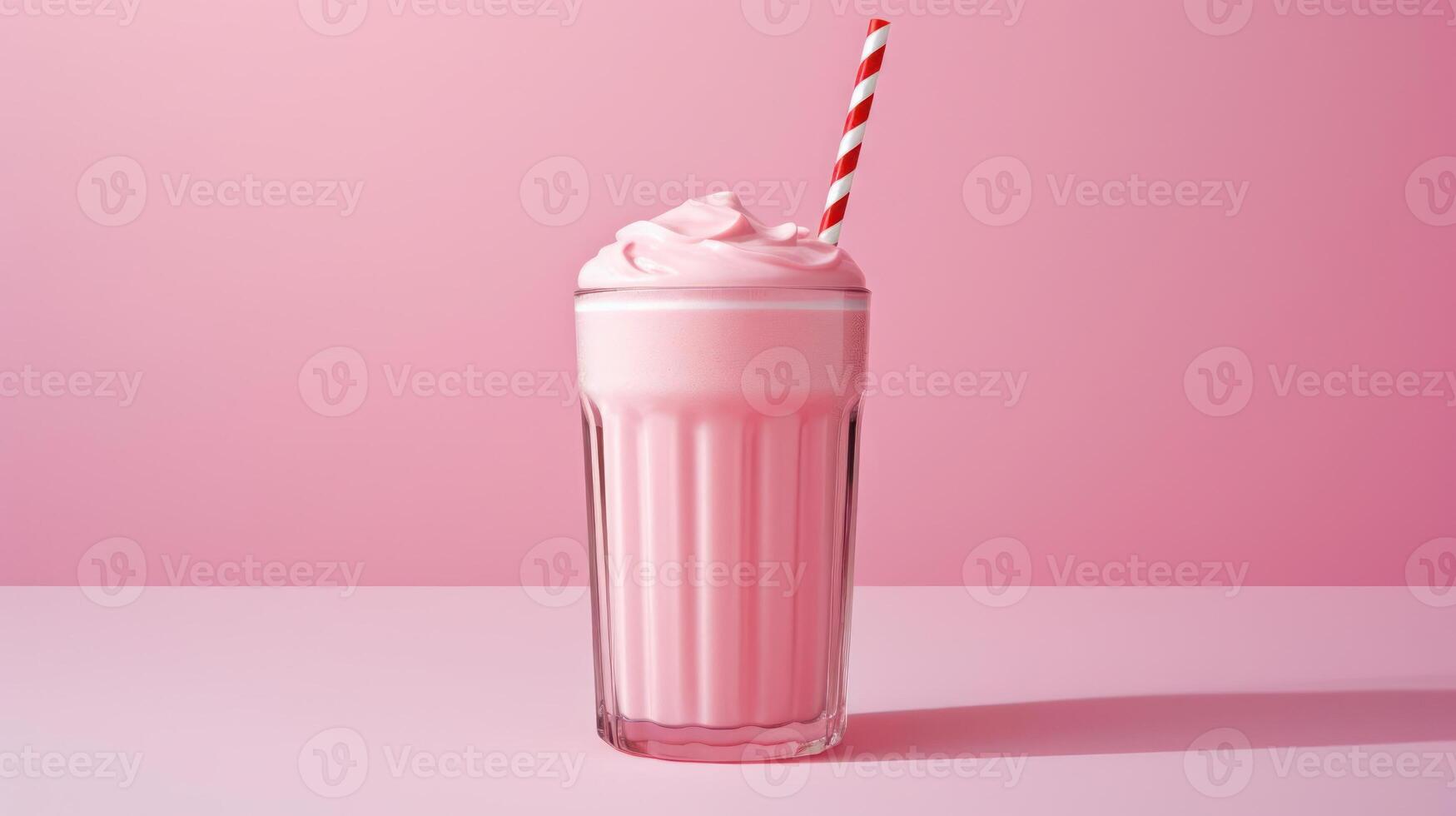 Pink milkshake in a glass with whipped cream and straw. photo