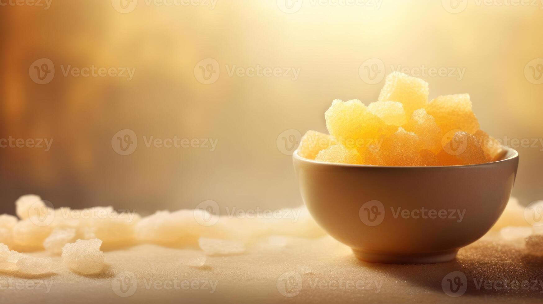 Sugar crystals in a bowl, golden light. photo