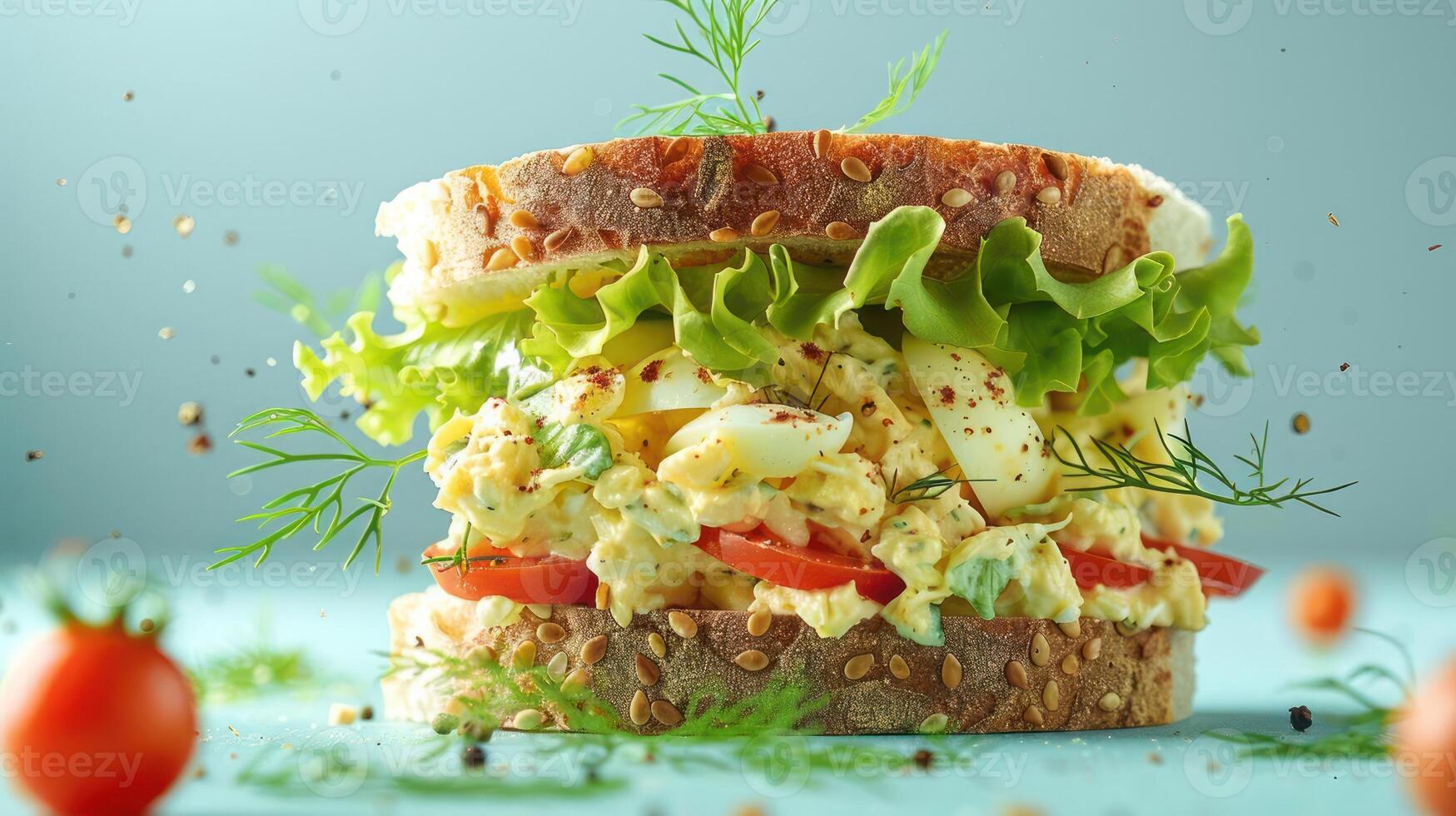 a sandwich with vegetables and meat on a blue surface photo
