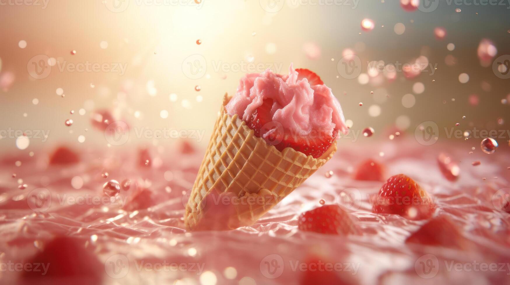 Strawberry ice cream cone in a splash of red. photo