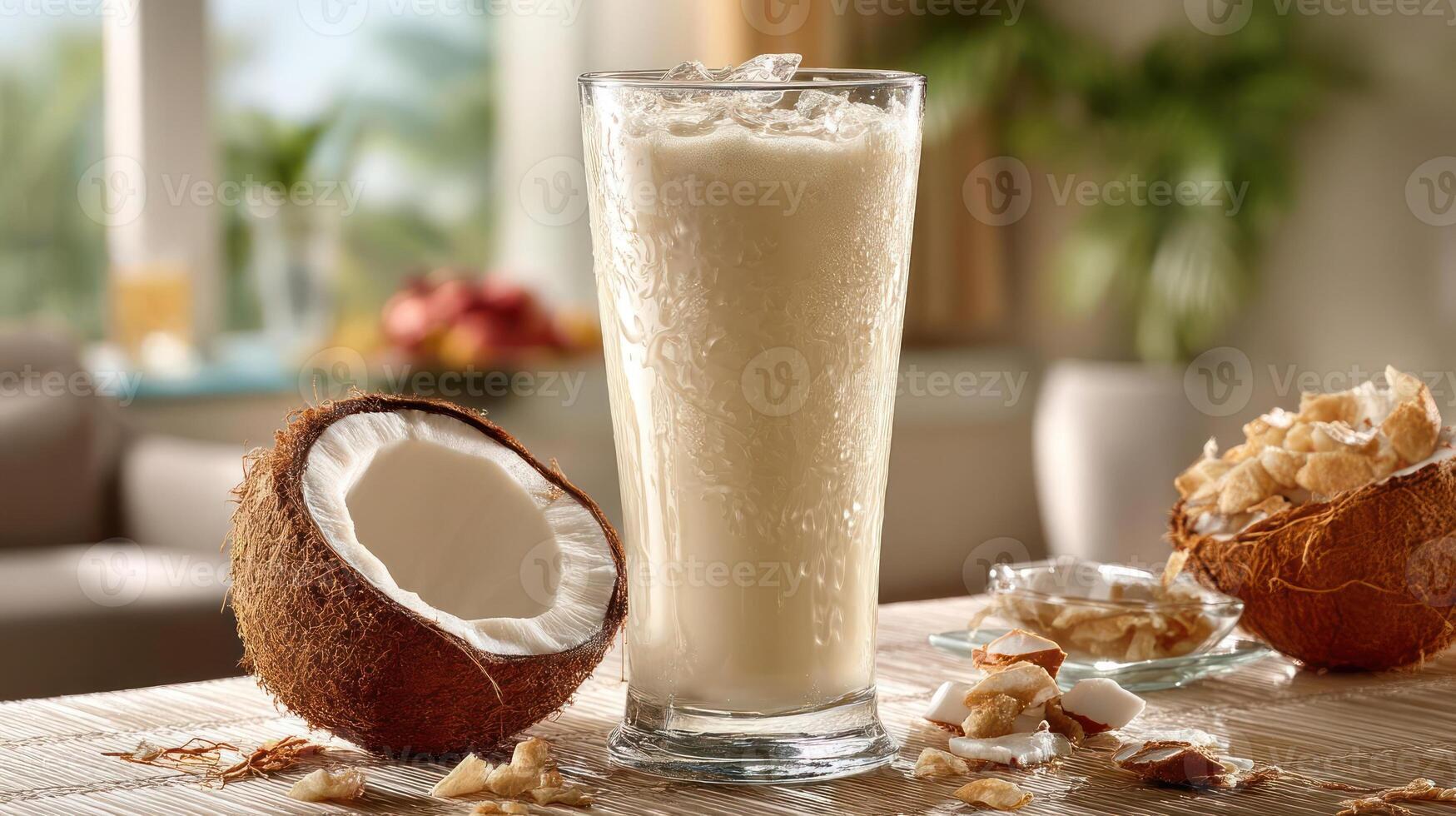 Refreshing coconut milk drink with coconut pieces. photo