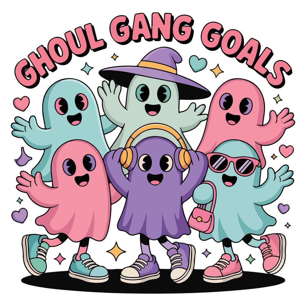 Ghoul Gang Goals - Witch Woman T-shirt , Halloween T-shirt Gift For Woman, Retro Spooky Season Girl Shirt, Halloween Ghost Illustration, Mom Horror Quote vector