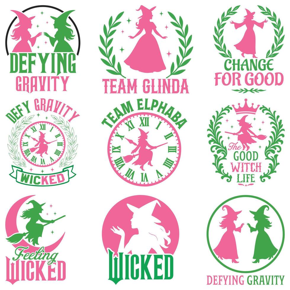 Bundle of Wicked T-shirt , Wicked Change For Good Shirt, Spooky Wicked Illustration, Witchy Quote, Witch Pink And Green Clipart vector
