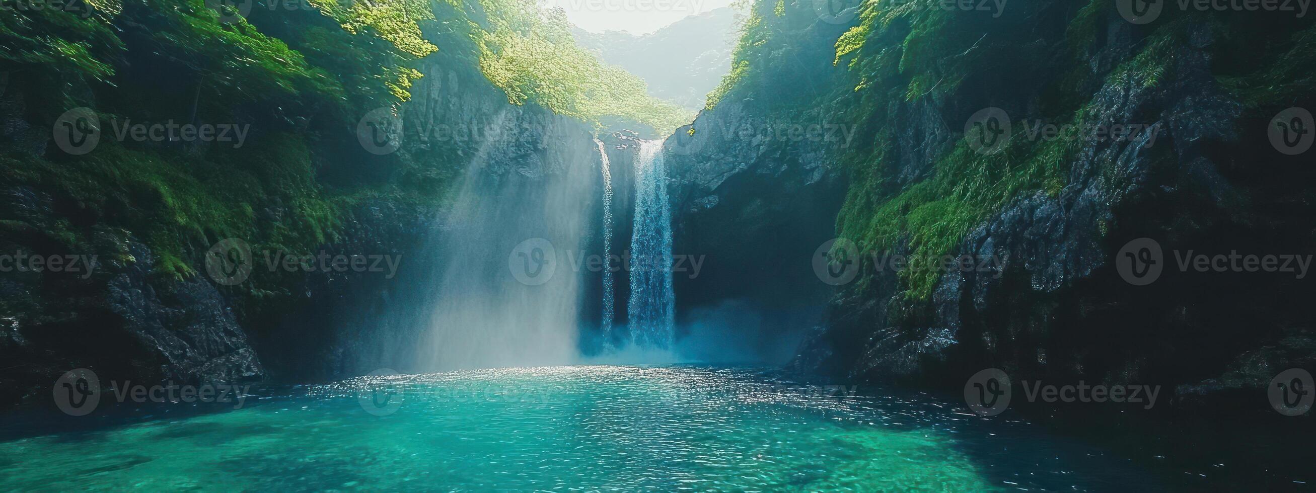 Lush waterfall cascading into a vibrant, turquoise pool. photo
