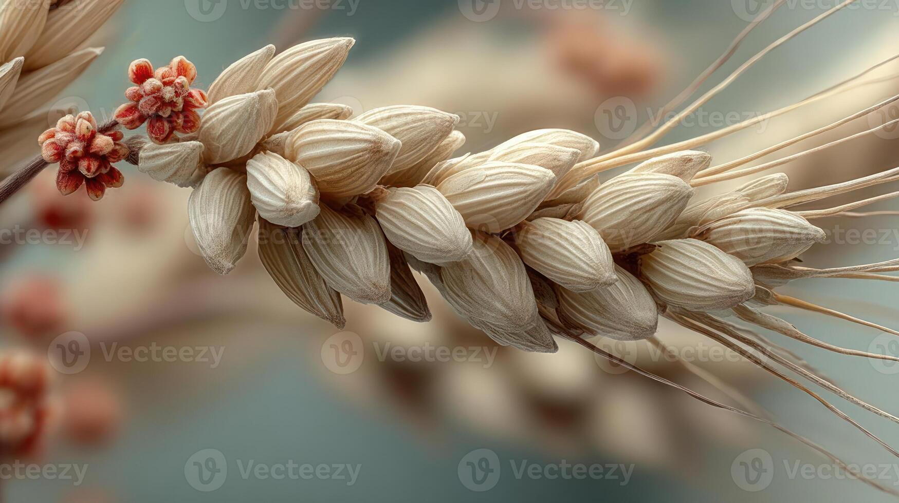 Close-up of wheat stalks and grains, showcasing texture and detail. photo