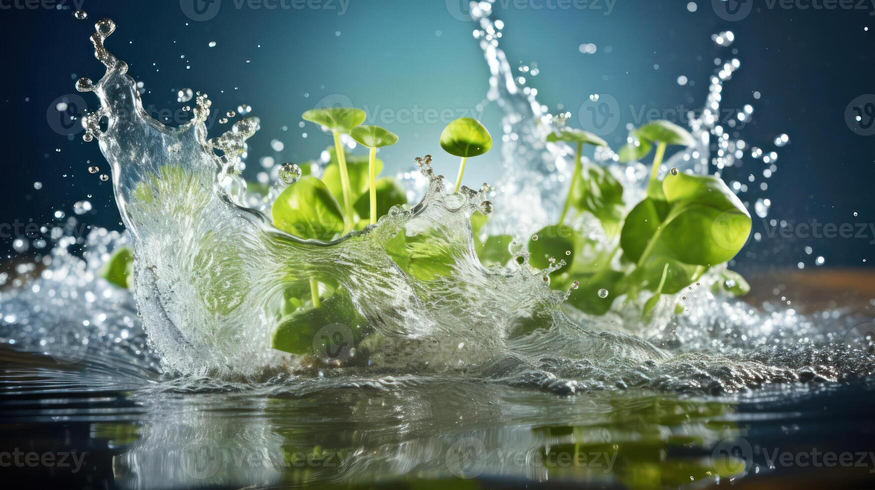 Water splash with sprouts on a wooden table photo