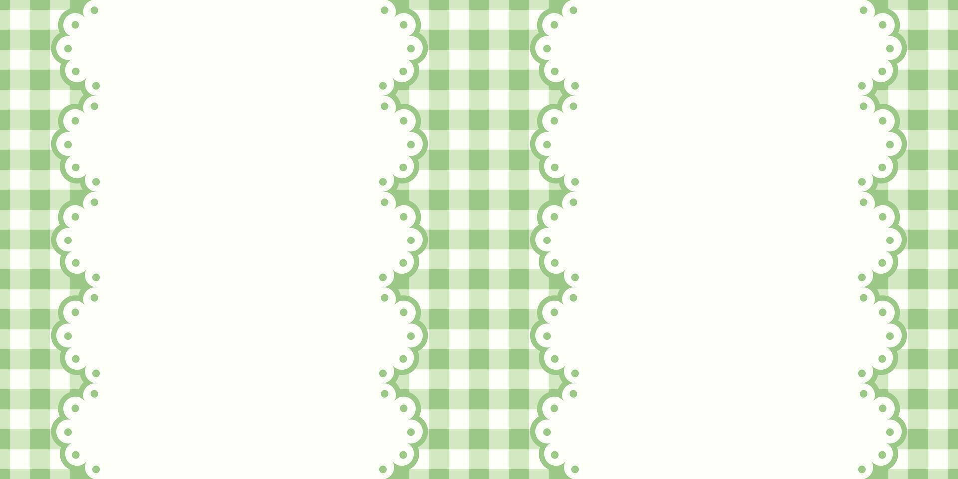 Seamless pattern with green gingham stripes and scalloped lace borders. Repeating traditional checkered textile design perfect for spring, Easter, fabric, wrapping paper, and vintage-style background vector