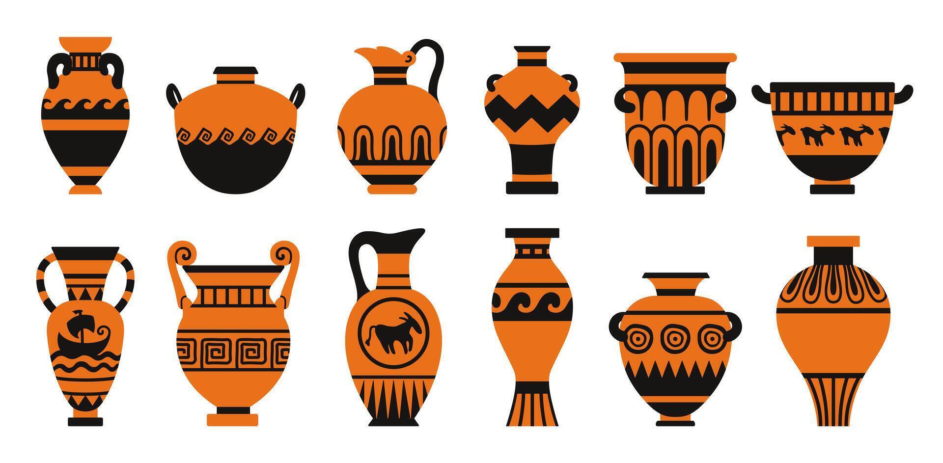 Set of ancient pottery illustrations inspired by Greek ceramics. Traditional terracotta vases, amphoras, and jugs with black decorative patterns. Isolated collection on white background. vector