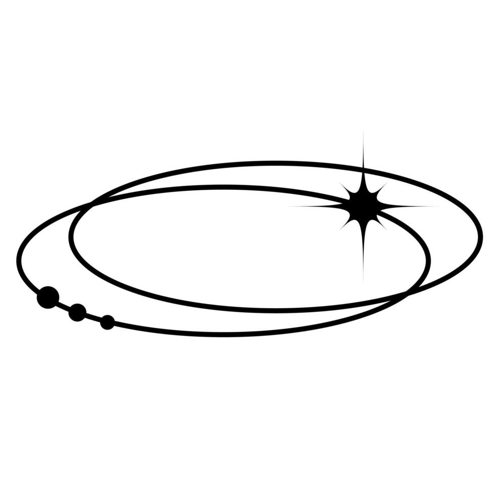 Cosmic orbit element with planets and sparkling star. Futuristic and space-inspired design, perfect for science, astronomy, galaxy, and y2k style projects. Clean black and white illustration. vector