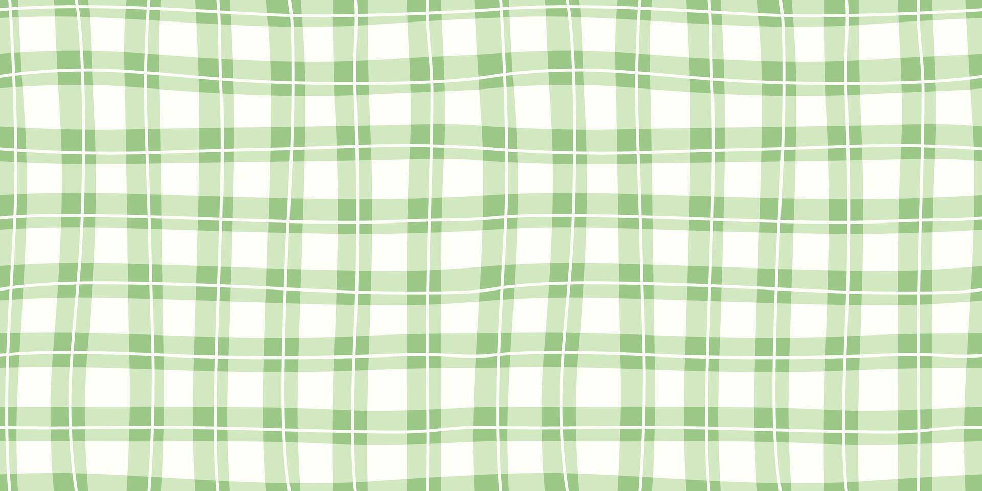 Seamless green plaid pattern with soft wavy lines and checkered grid layout. Classic textile style suitable for spring fabric, wrapping, clothing, wallpaper, or background design. Retro-inspired look. vector