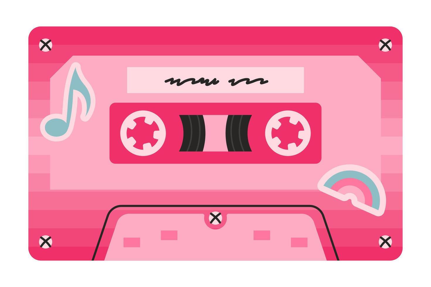 Pink retro cassette tape featuring a music note and a rainbow detail on gradient background. Nostalgic design inspired by 80s and 90s vibes, perfect for themes of music, and vintage aesthetics. vector