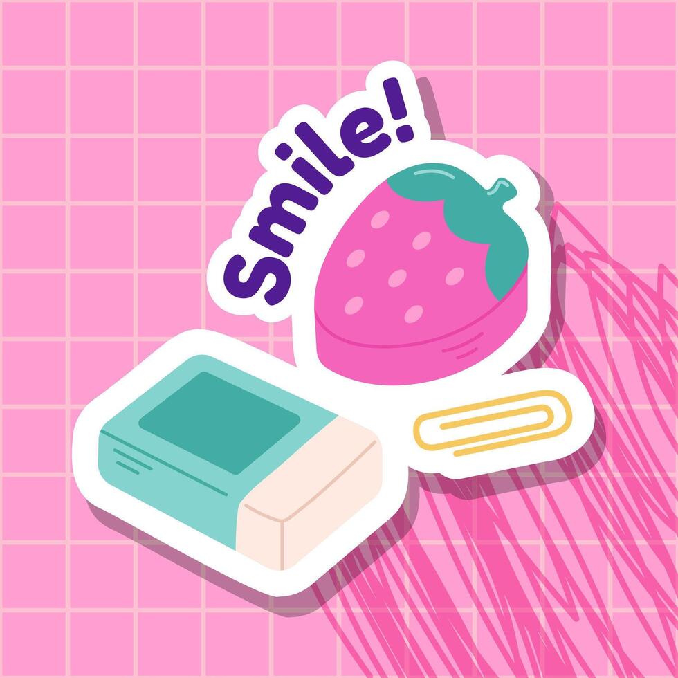 Kawaii school themed illustration with eraser, strawberry, and paperclip on a pink grid background. Features the word Smile in bold letters. Perfect for stationery, or education themes. vector