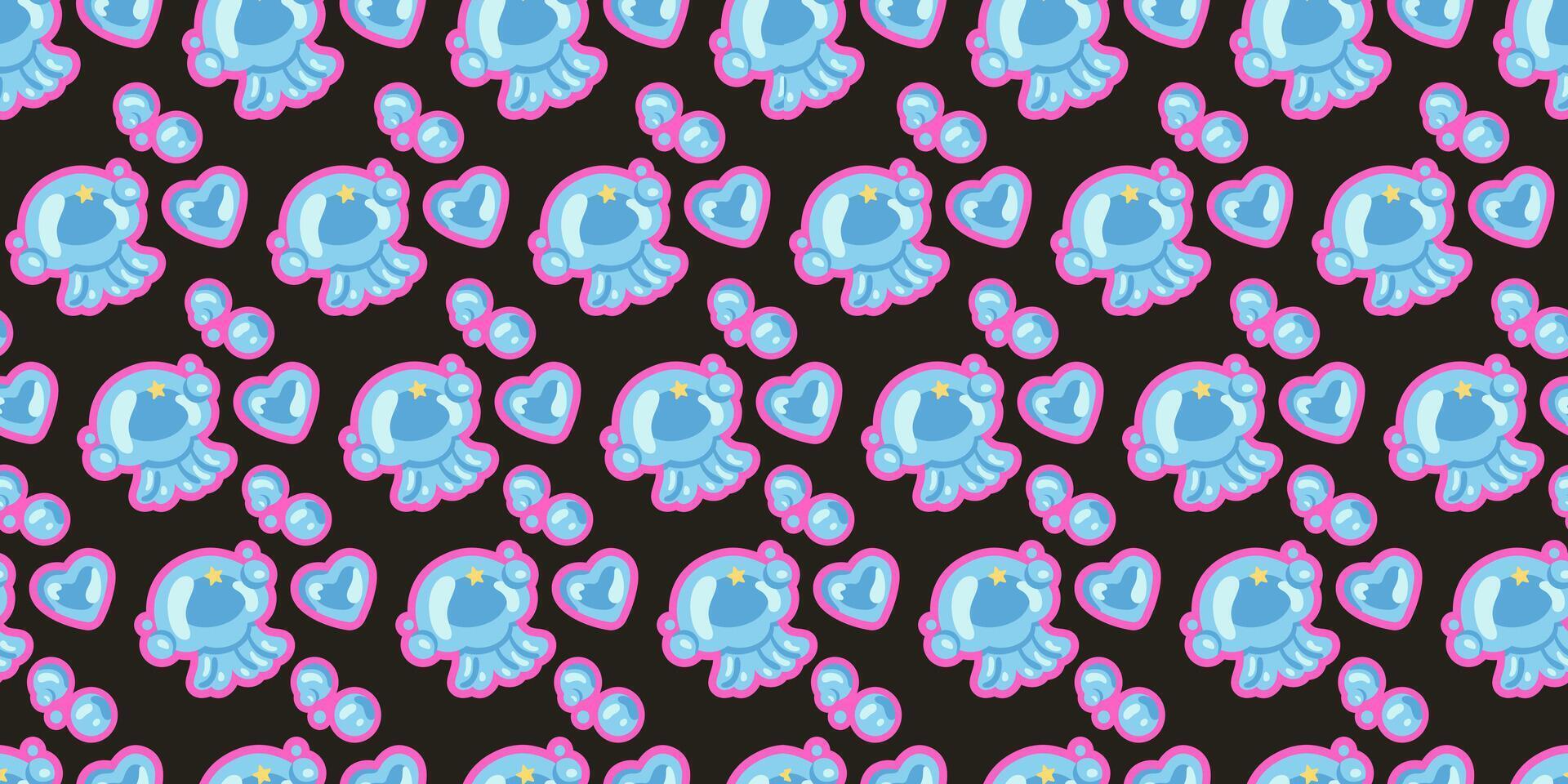 Seamless pattern featuring cute jellyfish, bubbles, hearts, and stars in pastel tones. Ideal for childrens products, fabric, stationery, or wrapping paper with an ocean or marine animal theme. vector