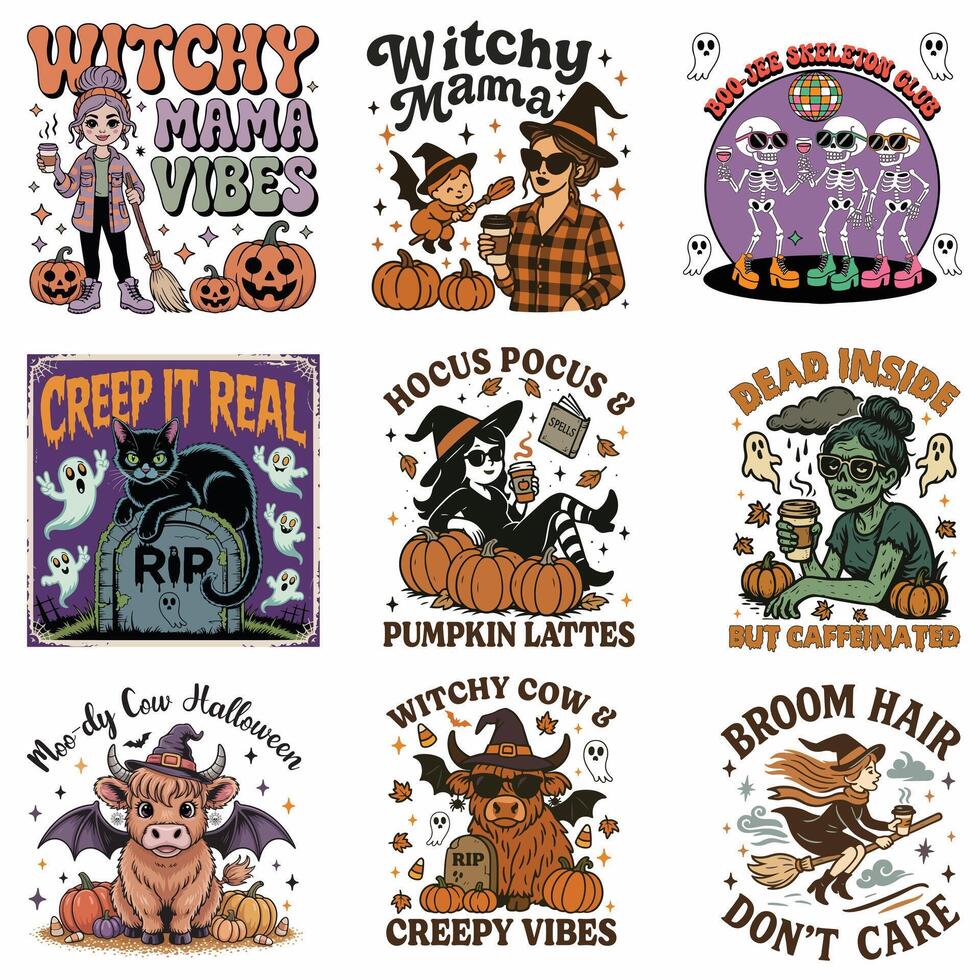 Set of Witch Woman T-shirt , Halloween T-shirt Gift For Woman, Retro Spooky Season Girl Shirt, Halloween Ghost Illustration, Mom Horror Quote vector