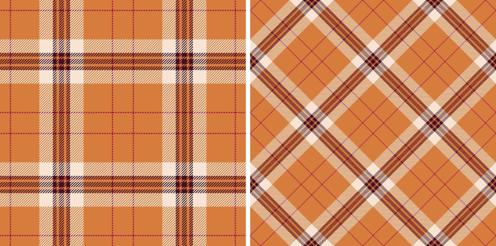 Two seamless autumnal plaid patterns in warm orange tones. Perfect for fallthemed designs, textile prints, or website backgrounds. vector