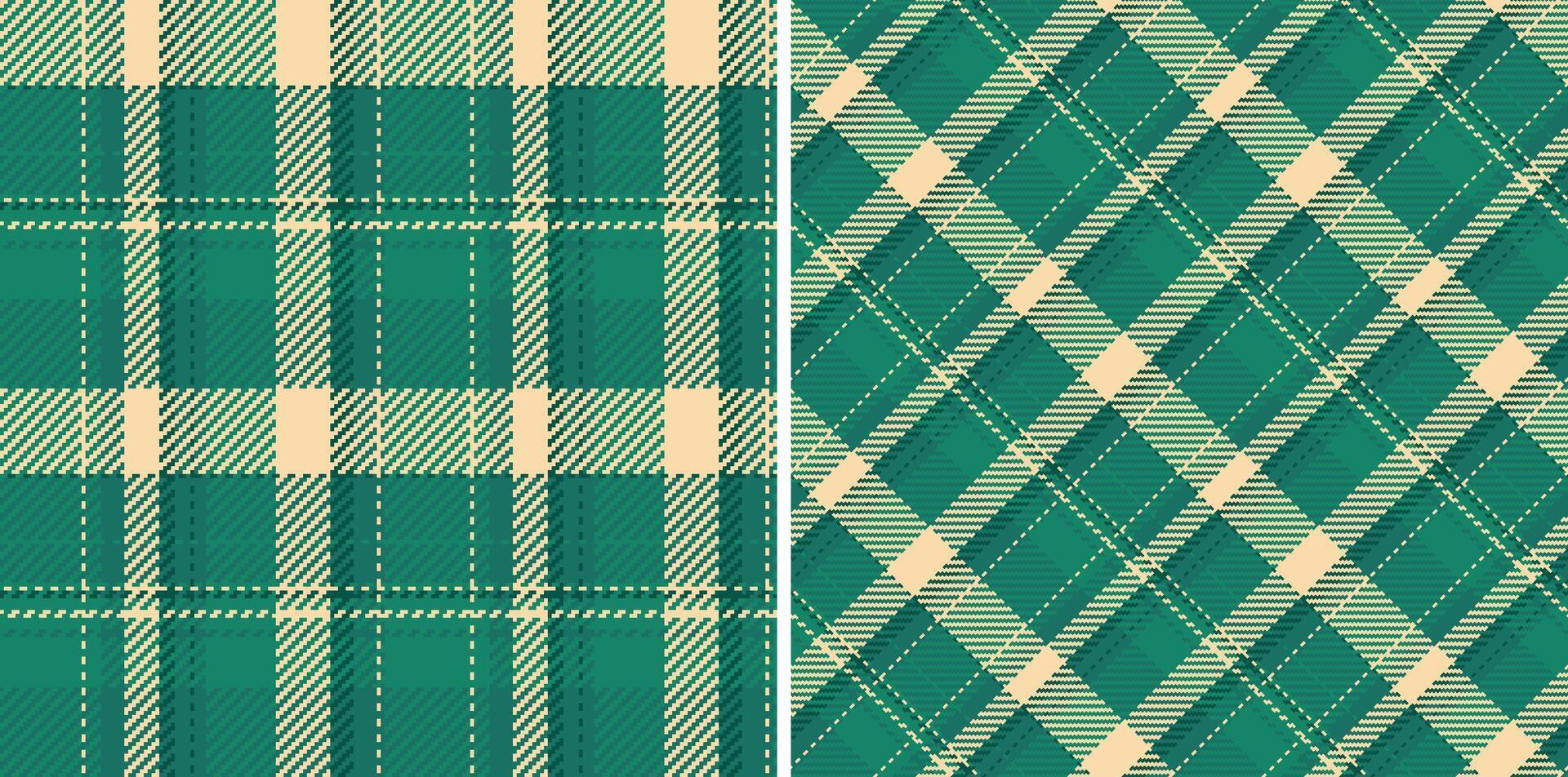 Two plaid textile patterns, classic and diagonal. Great for backgrounds, fabric designs, or any project needing a textured, traditional feel with green and beige tones. vector