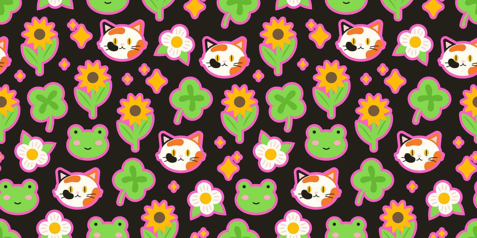 Colorful pattern with cats and frogs vector