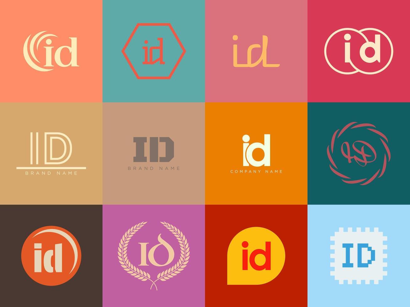 ID logo company template. Letter i and d logotype. Set different classic serif lettering and modern bold text with design elements. Initial font typography. vector